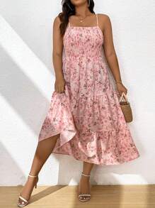 Flirla Plus Size Floral Print Cami Dress With Ruffled Hem For Summer Trip Maxi Vacation Beach Outfits Women