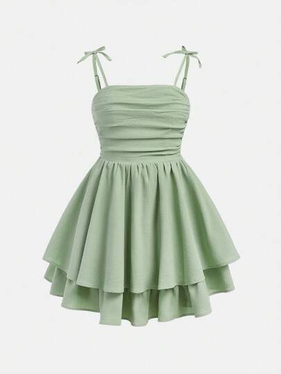 SHEIN Girlism 少女編織純色泡泡褶雙層搖擺背心連衣裙