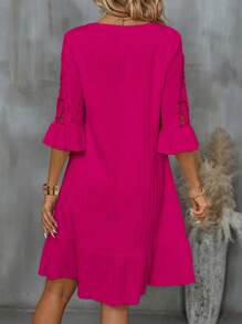 EMERY ROSE Quý cô Đúng mốt Màu thuần Trung bình Tay áo Đầm - Màu Hồng Tươi - Xem 2