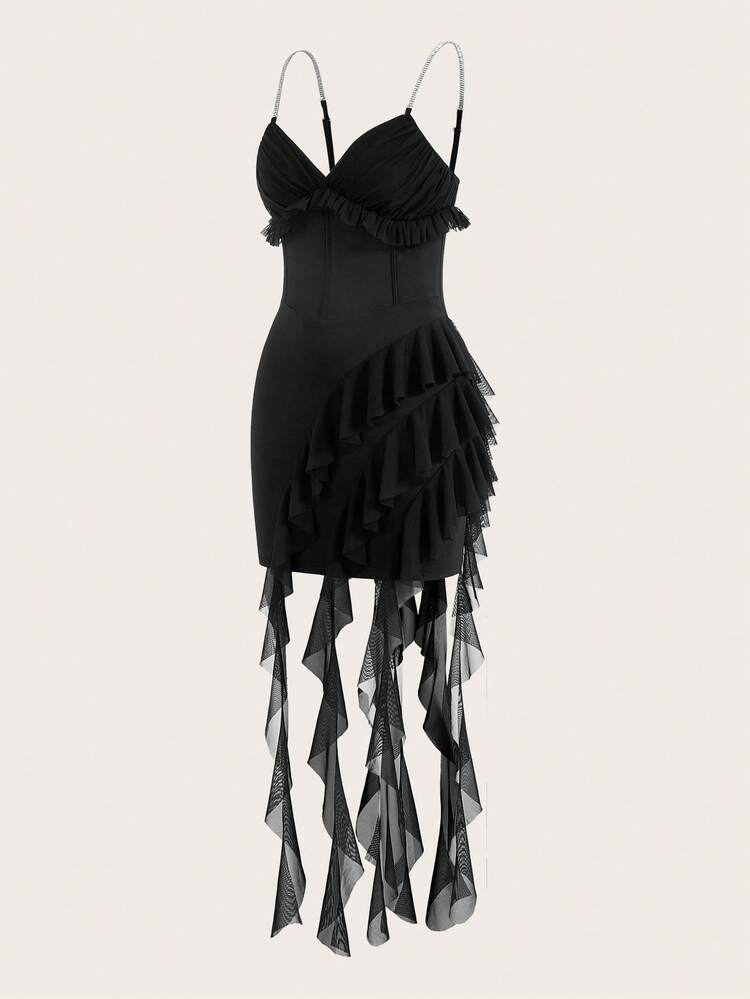 Y2k Summer Black Slim-Fit Ruffle Trim Ribbon Strap Cami Dress,Flamenco Dress,Spring Outfit,Music Festival Festival Outfits,Country Concert Outfit