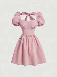 SHEIN MOD Pink Solid Color Back Bow Tie Decor Ladies' Dress