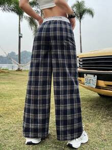 SHEIN EZwear 女士黑色格紋編織高腰寬腿褲,帶摺疊式紙袋腰 - 藏蓝色 - 查看 3