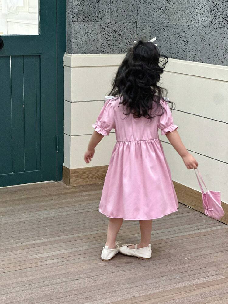 Young Girl's Bowknot Summer Dress With Ruffle Trim And Decorative Bag In Pink