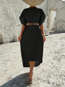 SHEIN LUNE 純色短袖百褶裙 - 黑色 - 查看 6