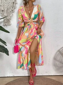 Casual Contrast Color Split Hem Hollow Out Dress With Ruffled Trim - Multicolor - View 5