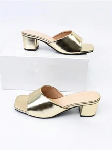 Wide Fit Women's New Summer Simple Metallic Texture Style Chunky Heel Mules With Slip-On Buckle Design - Gold - View 3