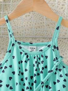 SHEIN Young Girl New Heart Printed Sleeveless Jumpsuit With Elastic Waist And Spaghetti Straps