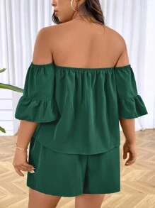 SHEIN LUNE Conjunto de 2 piezas para mujer de talla grande de blusa de hombros descubiertos y shorts de unicolor de verano - Verde - Ver 2