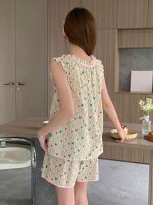 DAZY Retro vui tươi In hoa Xù Hoa Sen Bộ mặc nhà , Thích hợp Cho mùa hè - Nhiều màu - Xem 2