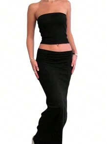 INAWLY Women's Strapless Solid Color Minimalist Top And Skirt Set