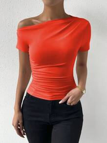 Calvaya Solid Color Asymmetrical Neckline Fold Detail Slim Fit T-Shirt