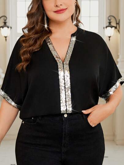 Reflora Blusa elegante de talla grande con estampado de laminado dorado, blusa de verano para maestros