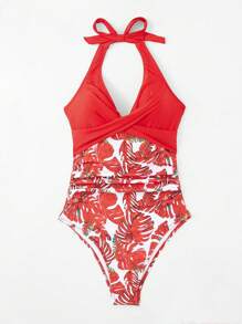 Shapewave Women's Botanical Printed Tummy Control One Piece Swimsuit, Random Print, Beach Swimming Suit For Summer,Summer Beach - Red - View 5