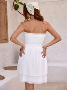 GENKIRA Strapless Ruffle Trim Cinched Waist Multi-Layer Cake Hem Lace Patchwork Mini Dress - White - View 2