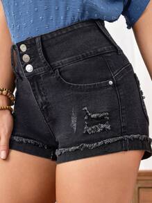 SHEIN LUNE 女性鈕扣縫邊牛仔短褲 - 黑色 - 查看 1