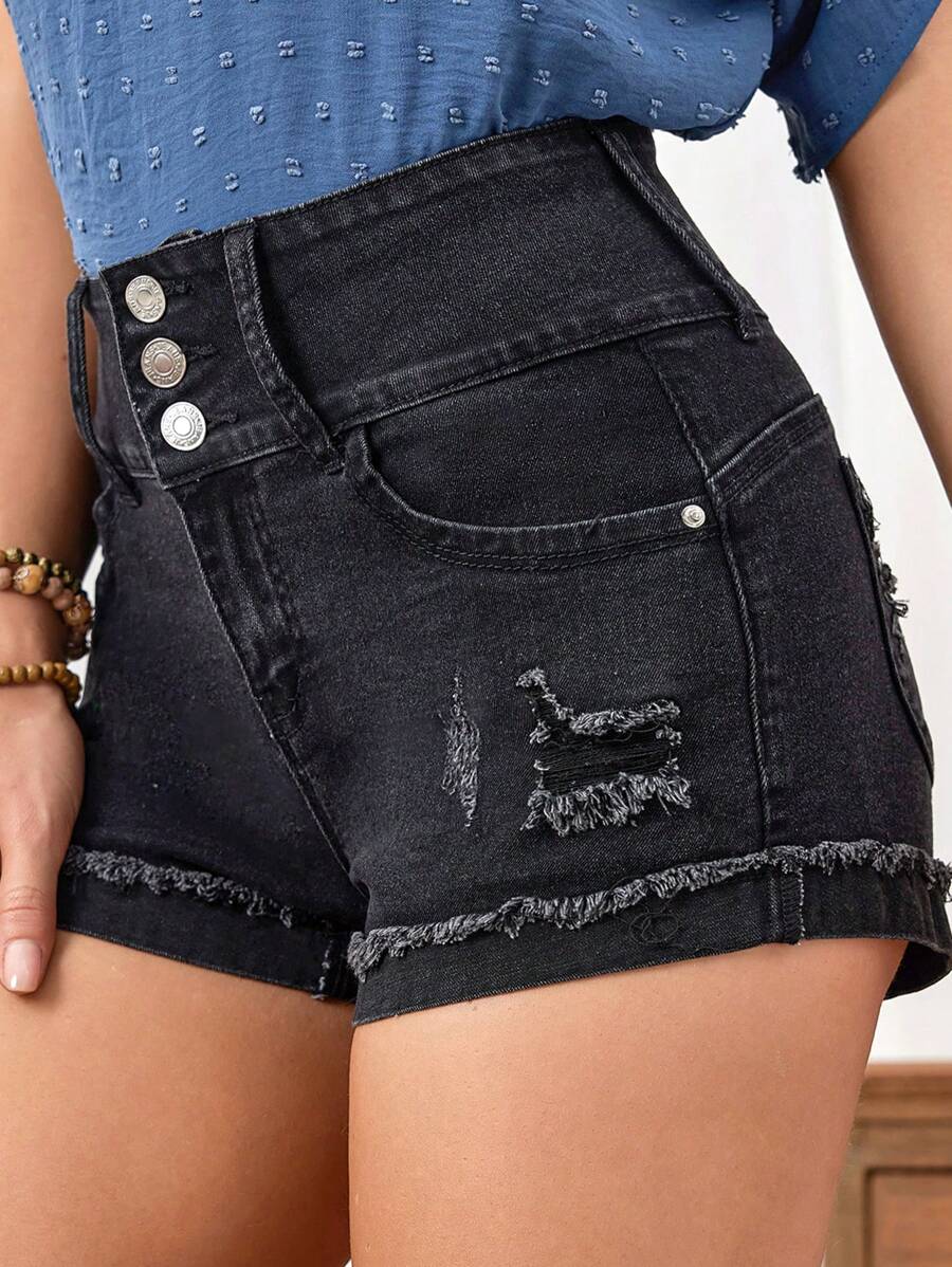 SHEIN LUNE 女性鈕扣縫邊牛仔短褲 - 黑色 - 查看 1