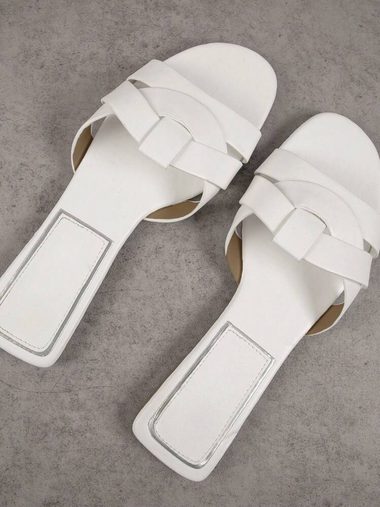 SHUZIA נעלי בית אופנתיות בחוץ נעלי בית שטוחות לנשים, רצועה שזורה סנדלי עור מלאכותי רגיל - לבן - ראה 4