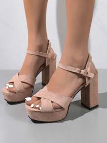 女士大尺碼開放式厚跟包帶時尚涼鞋,適用於戶外 - 棕色 - 查看 1
