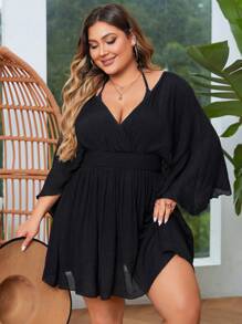 Swim Lushoire Summer Beach Plus Size Solid Color Batwing Sleeve Waist-Cinched Cover Up - Black - View 5
