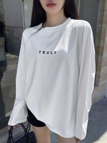 Áo thun nữ cổ tròn trễ vai in chữ, quần áo mùa thu tay dài cho nữ - trắng - Xem 7