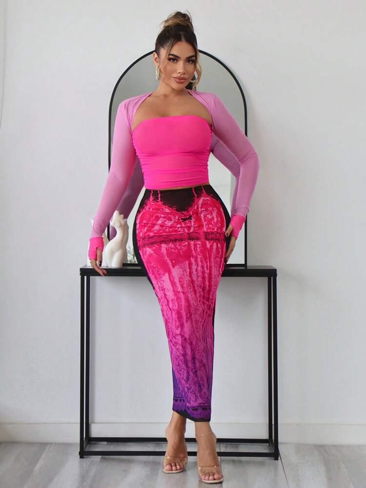 Bachelorette Party Concert Outfits Clothes Casual Summer Women's Printed Bodycon Skirt With Spaghetti Strap And Slit, Simulated Lace, Suitable For Summer