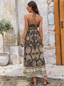 Breezaya Women's Summer Holiday Style Floral Print Waist Tie Halterneck Dress