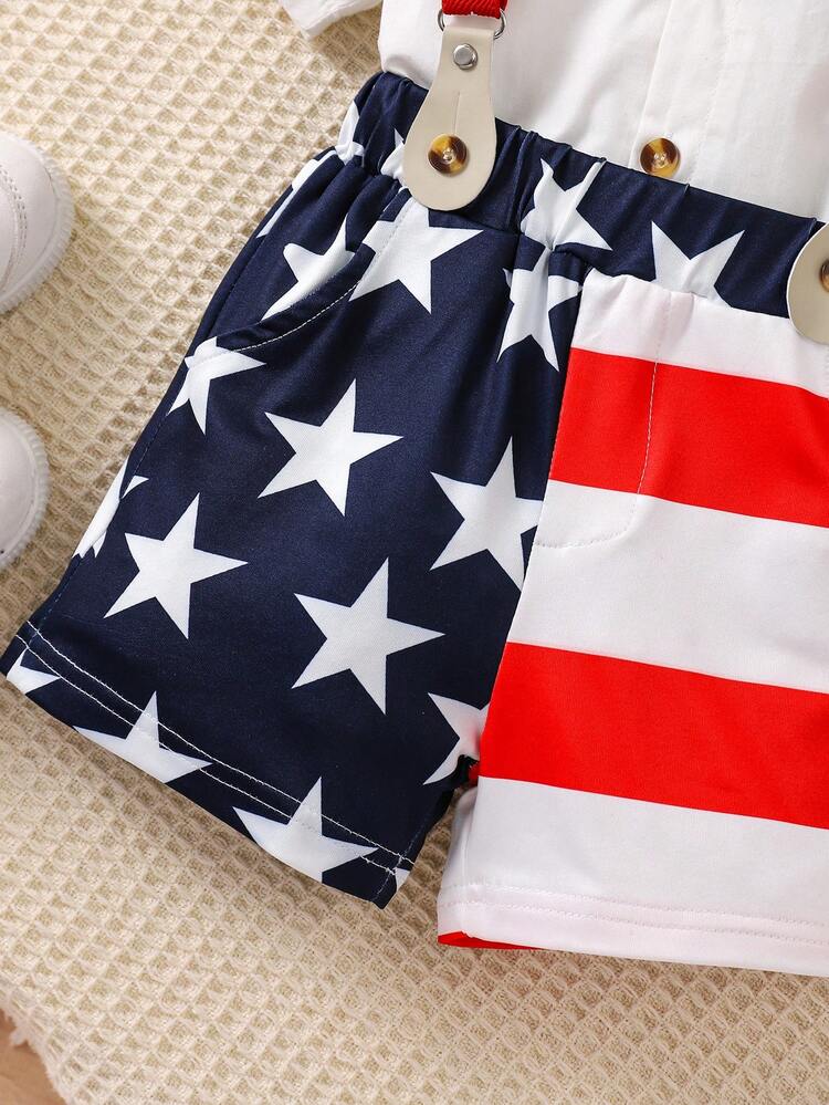 Baby Boy 2pcs Set Children Day Color Block Suspender Shorts, Casual Short-Sleeved Shirt & Color Block Suspender Shorts Gentleman Outfit