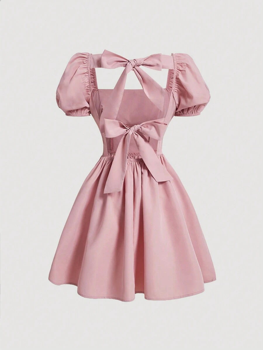 SHEIN MOD Pink Solid Color Back Bow Tie Decor Ladies' Dress