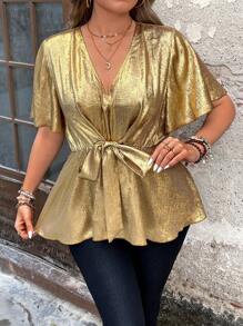 SHEIN Unity 大码女式时尚 V 领收腰衬衫，适合节日派对服装，派对荷叶边上衣 - 金色 - 查看 3