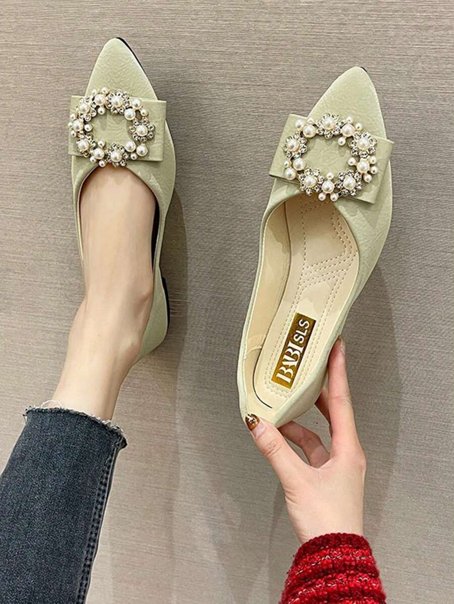 假珍珠和鑽石裝飾尖頭平底鞋 - 黃色 - 查看 1