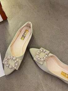 假珍珠和鑽石裝飾尖頭平底鞋 - 黃色 - 查看 3