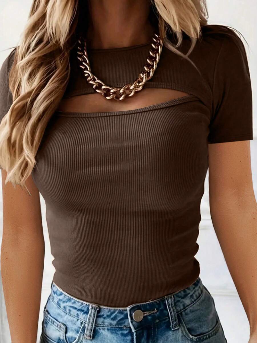 INAWLY Women's Solid Color Hollow Out Slim Fit T-Shirt - Brown - View 1