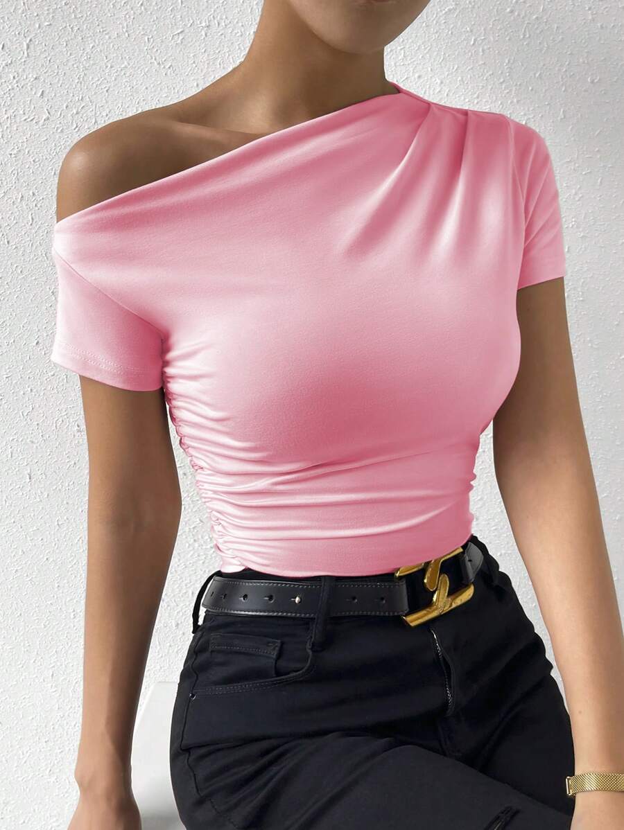 Chiquease Solid Color Asymmetrical Collar Pleated T-Shirt - Pink - View 1