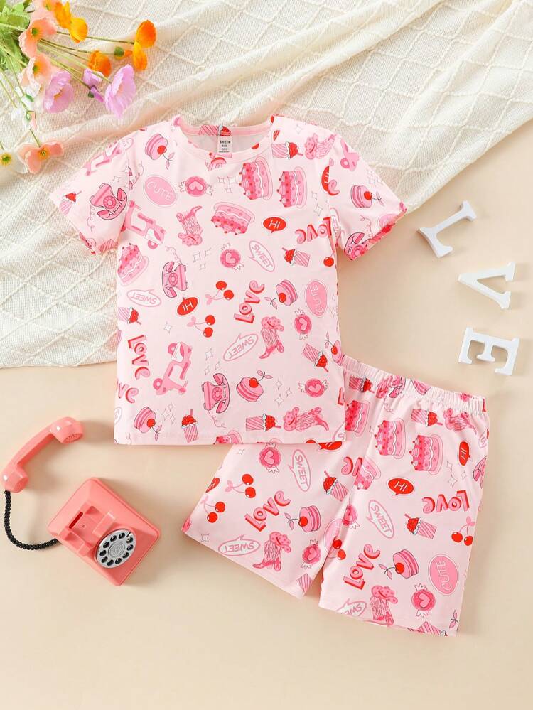 Tween Girl Simple Pink Series Printed Shorts And Short Sleeve Casual 2pcs Home Clothing Set