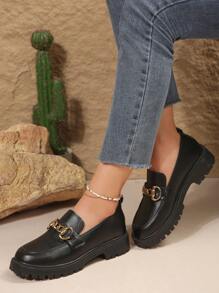 Ladies' Chunky Heels Loafers With Classic Chain Decoration And Elegant Leather Flat Shoes
