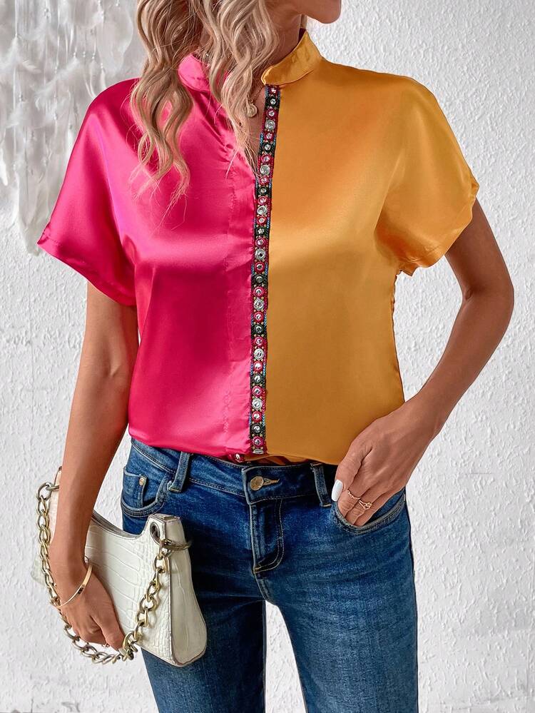 Women's Summer Batwing Short Sleeve Color Blocked Shirt With Notched V-Neck & Weave Trim