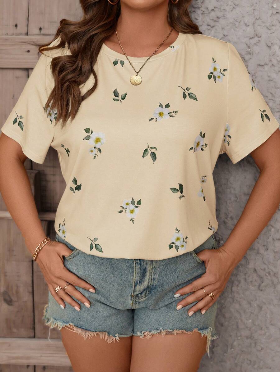 SHEIN LUNE Kích thước lớn Của phụ nữ Mùa hè In hoa Vòng cổ Ngắn tay Giải trí Áo thun - Màu Khaki - Xem 1