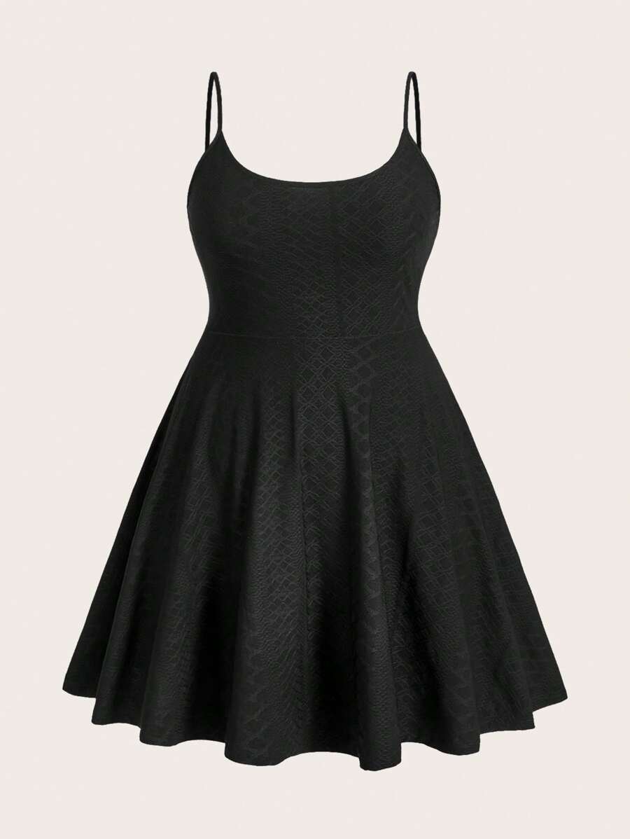 SHEIN EZwear Plus Size Jacquard Spaghetti Strap A-Line Solid Color Dress - Black - View 1