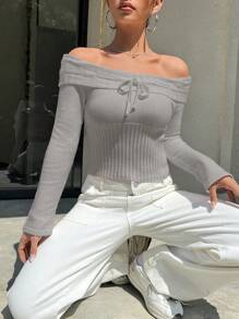Flirla Ladies' Fashionable Off Shoulder Creative Tie Knitted Sweater, Fall Winter - Grey - View 3