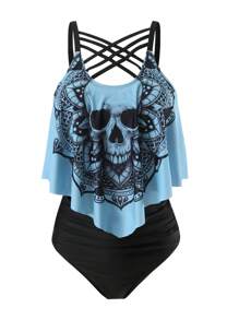 SHEIN Swim Curve 大尺碼夏季海灘骷髏＆曼陀羅花印花坦克泳衣套裝，適用於度假 - 彩色 - 查看 1