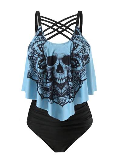 SHEIN Swim Curve 大尺碼夏季海灘骷髏＆曼陀羅花印花坦克泳衣套裝，適用於度假