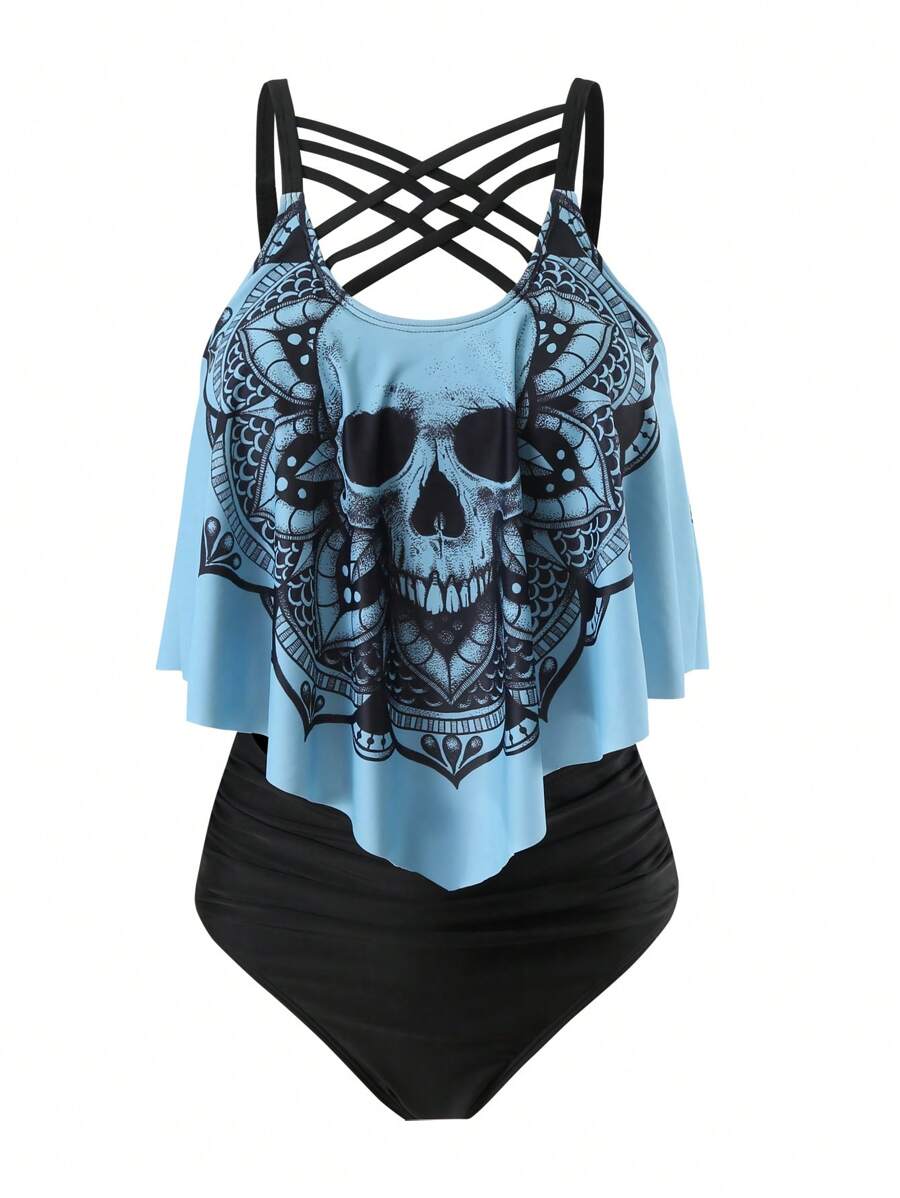 SHEIN Swim Curve 大尺碼夏季海灘骷髏&曼陀羅花印花坦克泳衣套裝,適用於度假 - 彩色 - 查看 1