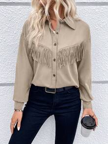 SHEIN Privé Women's Long Sleeve Shirt With Tassel Design - Apricot - View 6