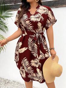 SHEIN Frenchy Kích thước lớn Của phụ nữ Ngày lễ Bầu không khí Cổ v tay cánh Đầm Với Bản in lá - Đỏ - Xem 1