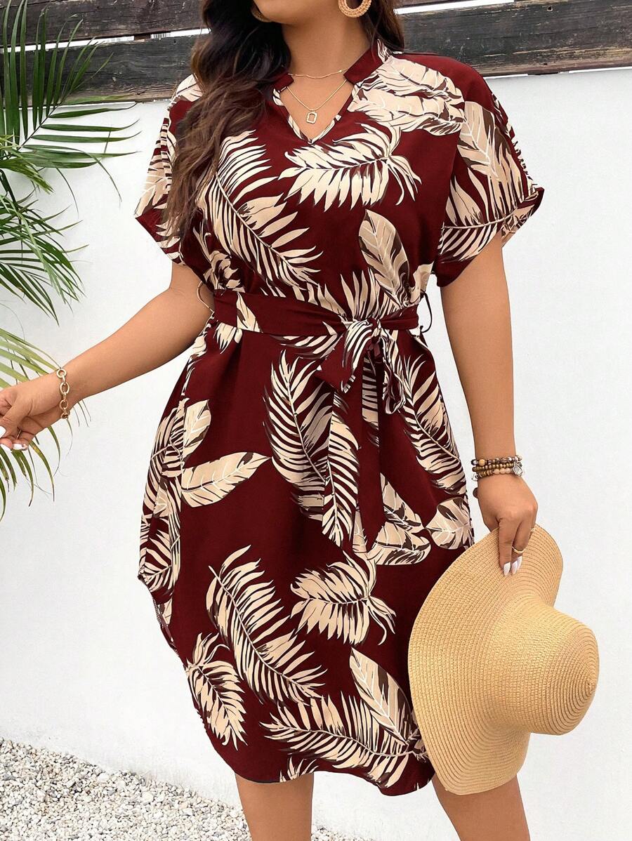 SHEIN Frenchy Kích thước lớn Của phụ nữ Ngày lễ Bầu không khí Cổ v tay cánh Đầm Với Bản in lá - Đỏ - Xem 1