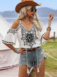 EMERY ROSE Women's Vacation Style Open Shoulder Short Sleeve Shirt With Floral Print - White - View 1