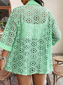 Breezaya Camisa Bordada De Talla Grande Con Huecos En unicolor - Verde - Ver 2