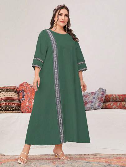 Al Najma 大尺碼女士夏季圓領幾何提花拼接3/4袖長袍式阿拉伯服裝