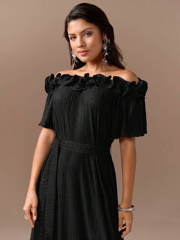 Women'S Solid Off Shoulder Ruffle Trim Decorated Bodycon Dress Long Evening Dresses