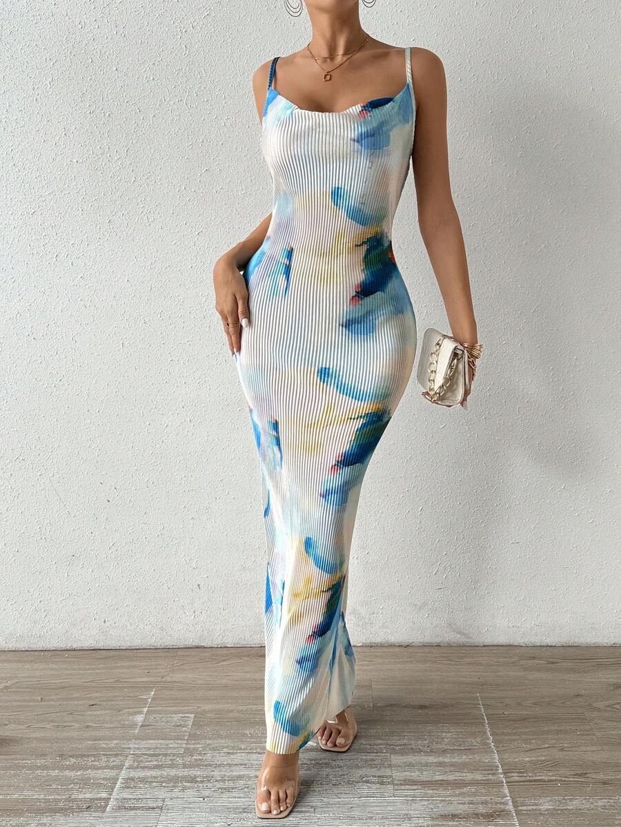 Chiquease Ladies' Printed Ribbed Cami Dress, Suitable For Summer - Blue - View 1